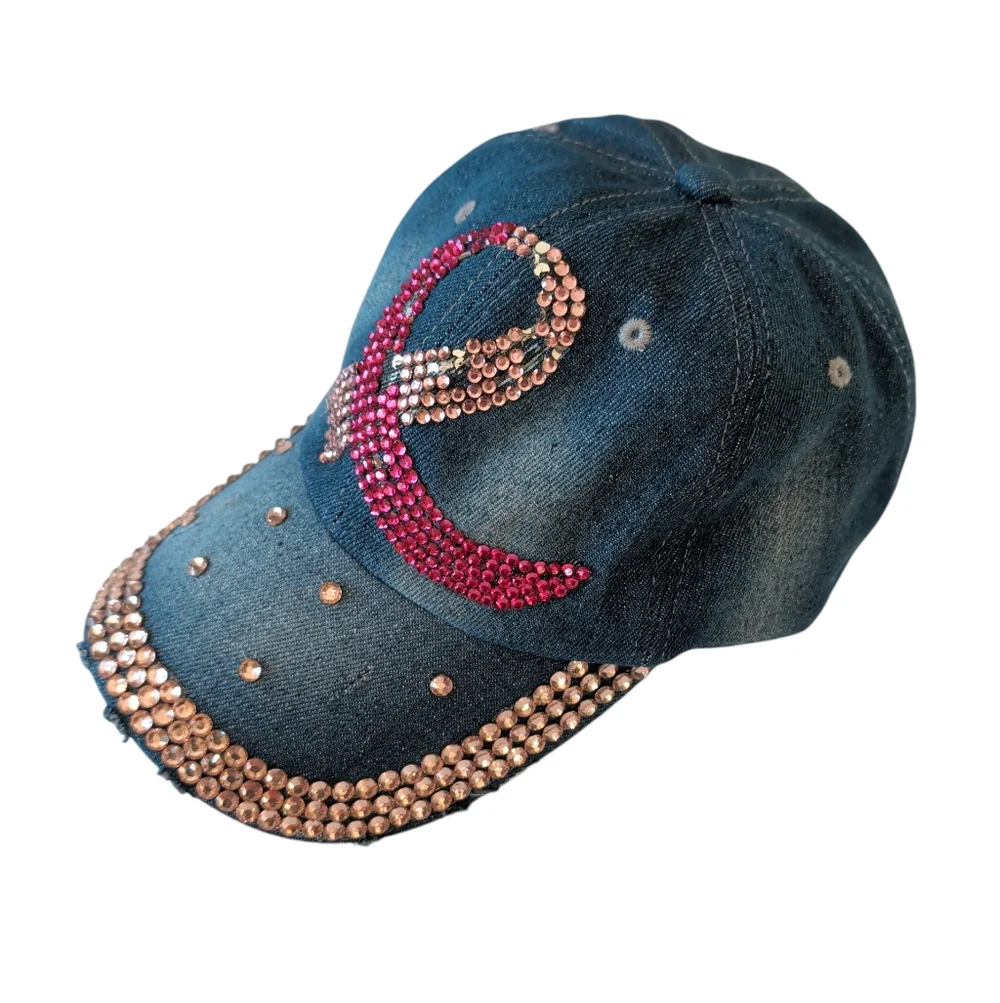 Distressed Pink Ribbon Breast Cancer Awareness Blue Denim Cap